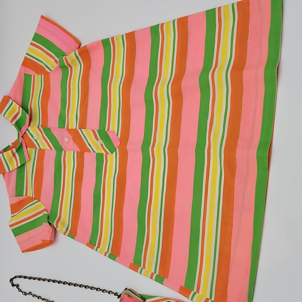 Little Miss Pink Orange Dress with Stripes Kids Girl Purse Chain Vintage 60s 70s - Picture 2 of 9